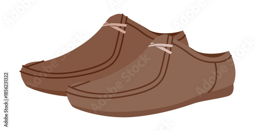 Brown Wallabee shoe women flat pair. Rounded toe slip on footwear for city walk coffee run. Technical fashion illustration CAD mockup soft vector man unisex isolated contemporary style.