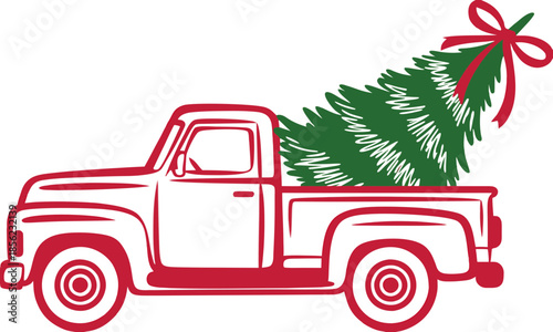 A vintage-style illustration of a red pickup truck
carrying a green Christmas tree, rendered in a simple line art style