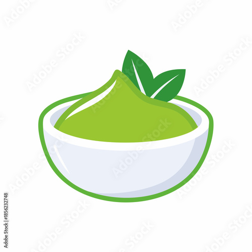 Bowl of Green Dip Topped with Leaves, Vector Illustration