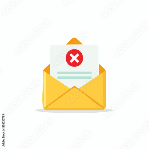 Email error alert. Vector envelope with document with an X mark or cross sign showing problem and failure notification