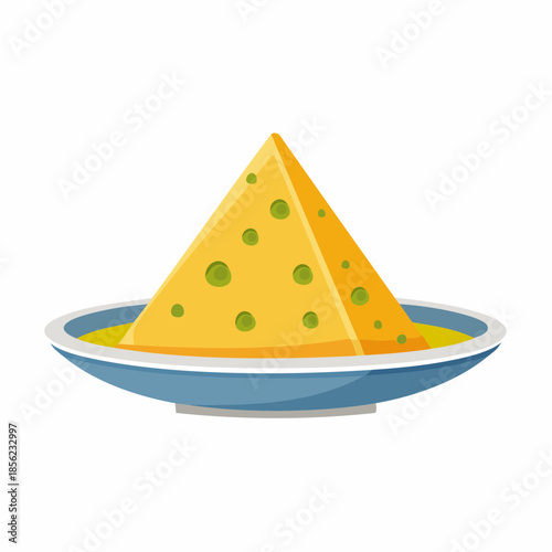 Cheese pyramid on a plate with sauce, cartoon dairy snack food appetizer illustration
