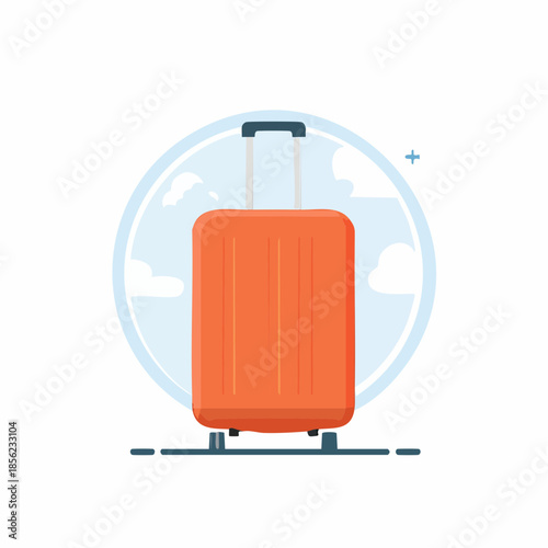 Orange suitcase for travel and vacation in a circular frame with sky and clouds