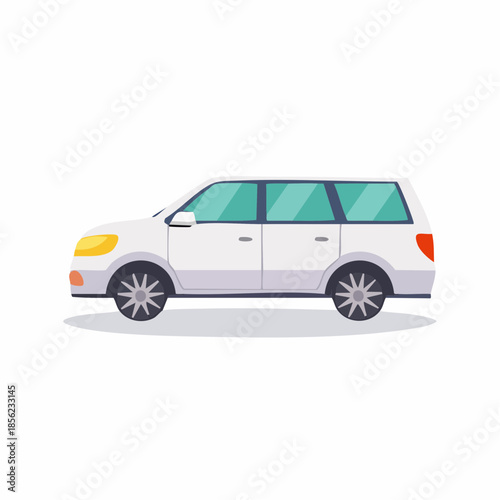 Spacious family white minivan transportation concept in a stylized vector art form