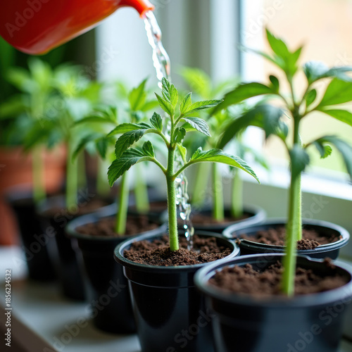 Young tomato seedlings in black pots are being watered indoors on a windowsill, promoting healthy growth in natural light. Ideal for beginner and indoor gardeners.