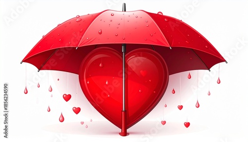 Red Umbrella Protecting Red Heart Shape with Raindrops on White Background Illustrative