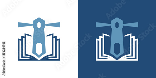 logo combines a book and a lighthouse in a dual-meaning design. The book represents knowledge and learning, while the lighthouse symbolizes guidance and clarity