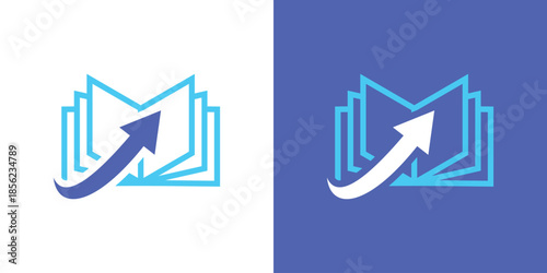 logo combines a book and an arrow in a dual-meaning design. The book symbolizes knowledge and learning, while the arrow represents direction and progress, creating a clean, modern