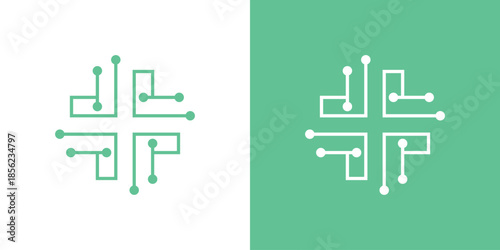 logo combines a medical plus symbol and circuit cable technology in a dual-meaning design. The plus represents healthcare and care, while the circuit and cable symbolize digital innovation