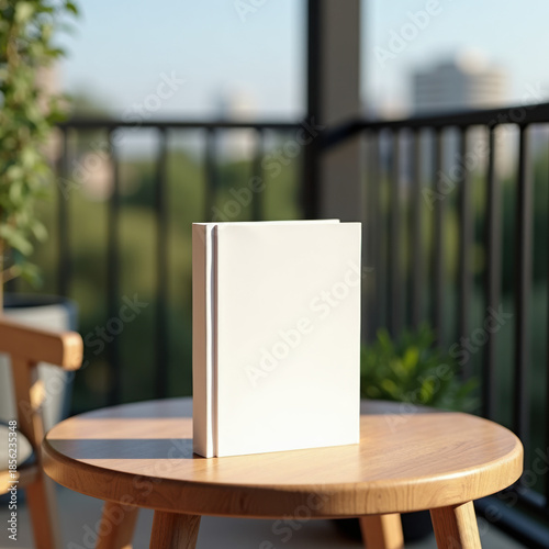 book cover mockup design. blank book mockup on round wooden coffee table on balcony or outdoor terrace , shadow overlay