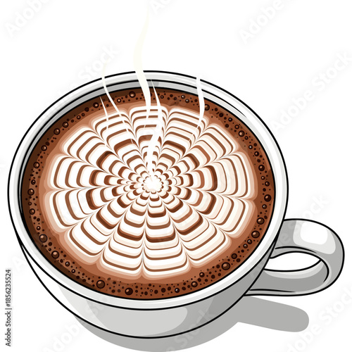 Hot Coffee Cup with Elegant Latte Art and Rising Steam - Vector Illustration