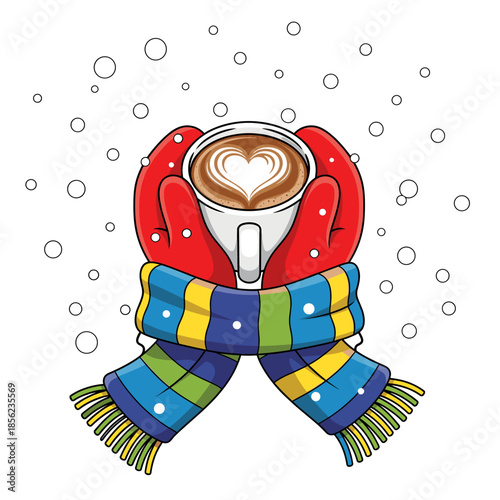 Cozy Winter Drink: Hands in Red Mittens Holding Coffee Mug with Heart Latte Art and Striped Scarf in Falling Snow