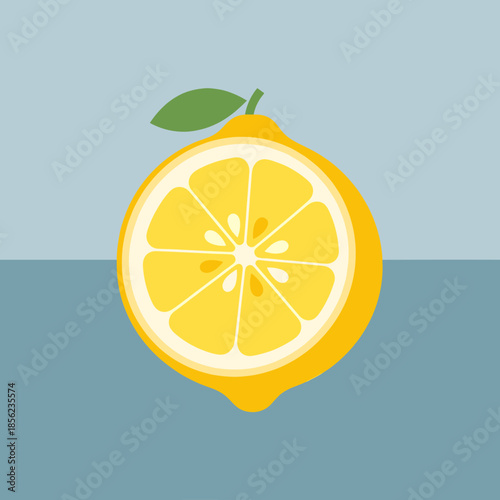 Flat Design Lemon Half with Green Leaf on Two-Tone Blue Background