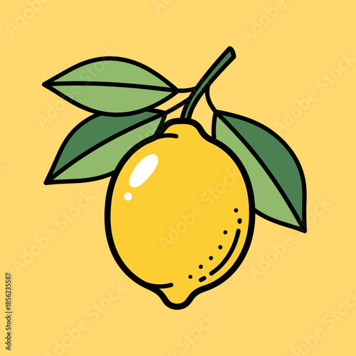Vibrant cartoon lemon with green leaves, fresh citrus fruit illustration on yellow background