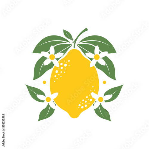 Vibrant Lemon Fruit Illustration with Green Leaves and White Blossoms. Fresh Citrus Graphic Element.