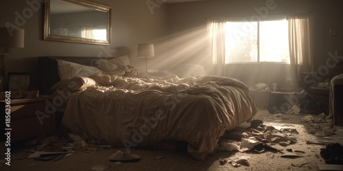 Sunlit bedroom scene messy bed window light interior space concept