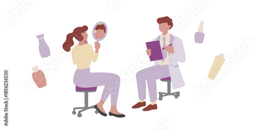 肌の悩み、美容医療、整形の相談をする患者と医者の手描きベクターイラスト素材 
Hand-drawn vector illustration materials depicting patients and doctors consulting about skin concerns, cosmetic medicine, and plastic surgery.