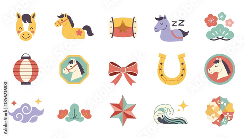 A collection of flat design icons featuring various horse illustrations, a traditional lantern, a lucky horseshoe, decorative bows, clouds, flowers, and a star, all in a colorful, cartoonish style.