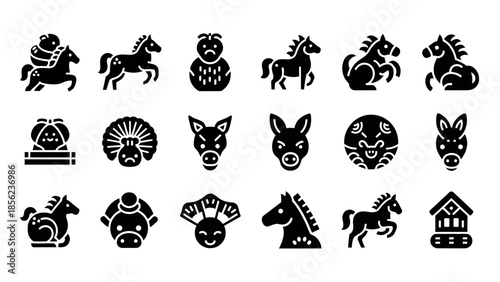 A collection of black silhouette icons featuring various horse designs, stylized animals, and mythical creatures, presented in a flat graphic style.