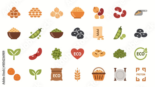 A comprehensive set of flat design icons illustrating various legumes, beans, peas, grains, and eco-friendly food concepts.
