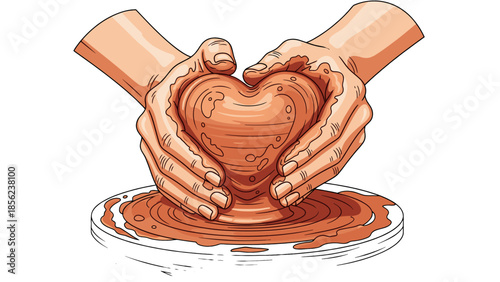 Hands shaping a clay heart on a potters wheel, illustration of creation, love, and craftsmanship
