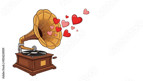 Vintage gramophone playing music of love with hearts flying out of the horn