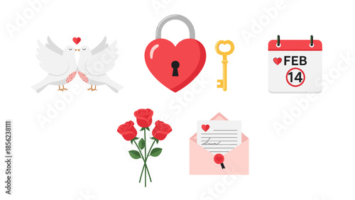 Set of valentines day icons doves, heart lock, key, calendar, roses, and love letter