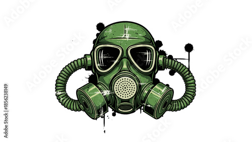 Grungy green gas mask illustration with splatter effect