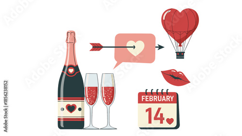 Valentines day celebration elements champagne, love balloon, lips, arrow, and february 14th calendar icon
