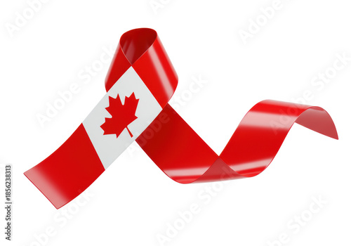 A stylized, 3D metallic Canadian flag ribbon, glossy with vibrant red and white, flowing elegantly against a transparent studio background with copy space, concept of Canadian identity