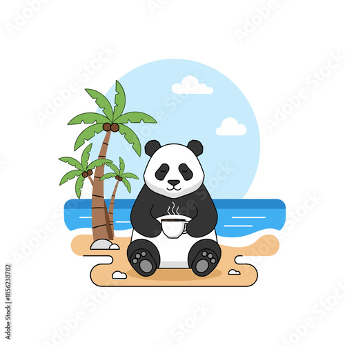 Cute cartoon panda with bamboo relaxing on a sunny beach illustration