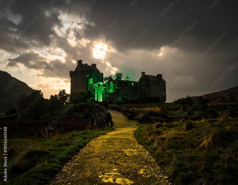 Obraz premium Stone castle on a path, illuminated by green light against a cloudy sky