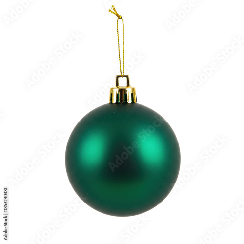 Emerald green matte glass Christmas bauble with golden cap and gold string, suspended on a transparent background with copy space. Festive minimalism and elegance