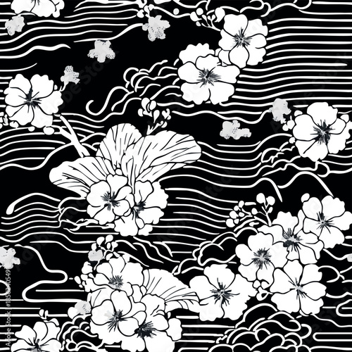 A collection of seamless black and white patterns featuring floral, abstract, ornamental, and wavy line motifs. Ideal for fabric, wallpaper, kimono design, and elegant backgrounds.