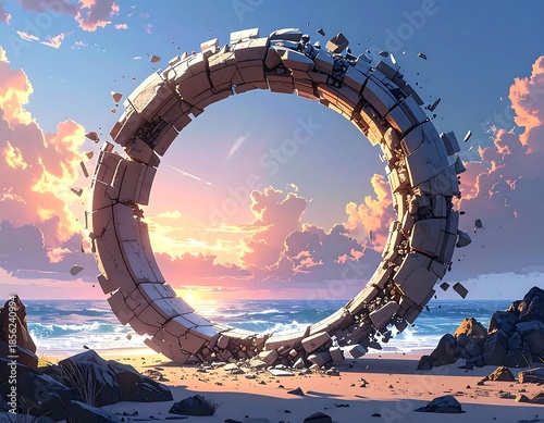 Stone ring disintegrates over sandy beach, scenic sky backdrop