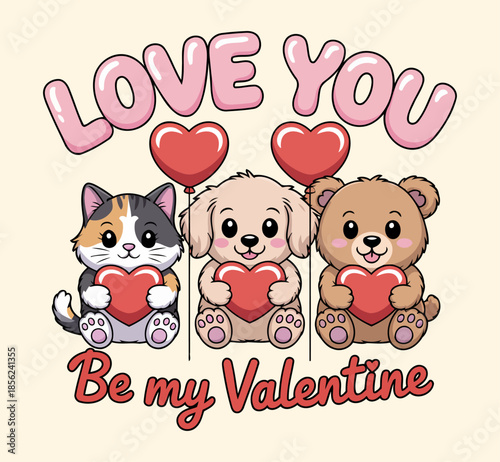 Sweet Valentine’s Day Card Design with Animals Holding Hearts and Love Balloons for Loved Ones