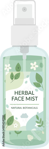 Vector illustration of a natural herbal face mist in a transparent spray bottle.