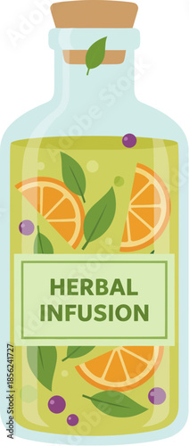 Glass bottle of herbal infusion with orange slices mint leaves and berries.