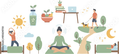 Healthy daily routine and work-life balance concept vector illustration.