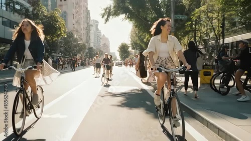 Wallpaper Mural Two young women enjoying a sunny day cycling on a city bike path. Torontodigital.ca