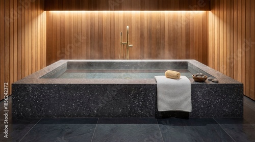 Minimalist luxury and serene calm captured in modern stone spa bathtub.
