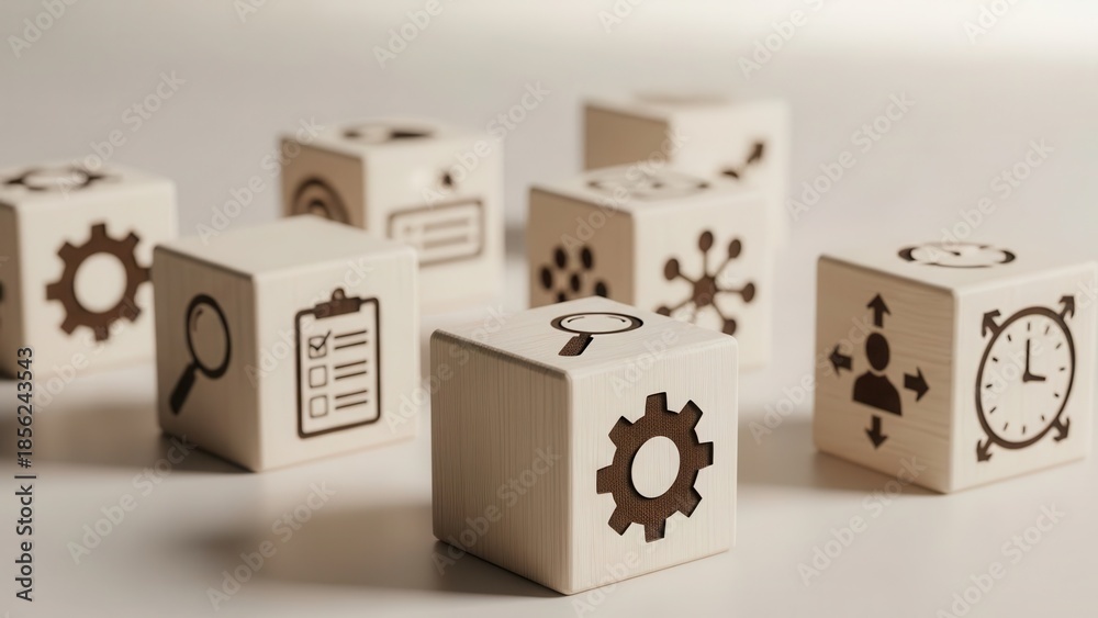 Obraz premium Wooden cubes featuring workflow coordination icons placed precisely with macro sharpness and soft neutral blurred backdrop