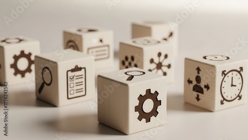 Wooden cubes featuring workflow coordination icons placed precisely with macro sharpness and soft neutral blurred backdrop