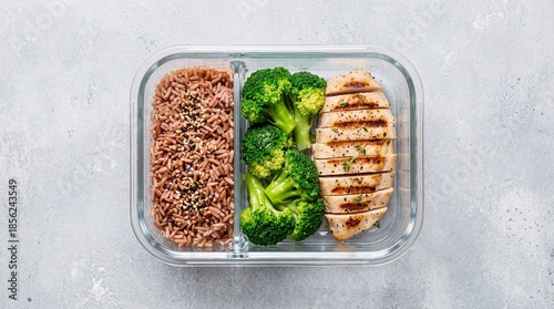 Balanced nutrition and healthy diet planning in prepared meal container.