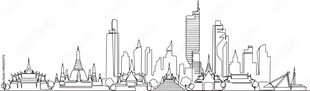Naklejka premium Minimal black single-line illustration of Bangkok City skyline, isolated on white.