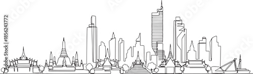 Minimal black single-line illustration of Bangkok City skyline, isolated on white.