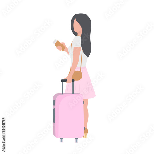 Woman with baggage at the airport or train station. Vector Illustration for printing, backgrounds and packaging. Image can be used for greeting cards, posters, stickers. Isolated on white background.