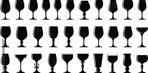 Silhouette of different glass shapes set, wine, cocktail, champagne, and goblet glassware collection, elegant drink containers for bar menu and restaurant graphic design.
