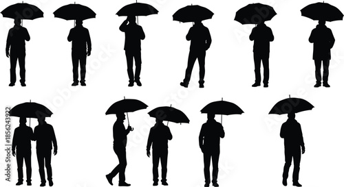 Silhouette of people holding umbrellas set, men walking in rain, rainy day autumn weather concept, human figures standing under parasol for seasonal design.