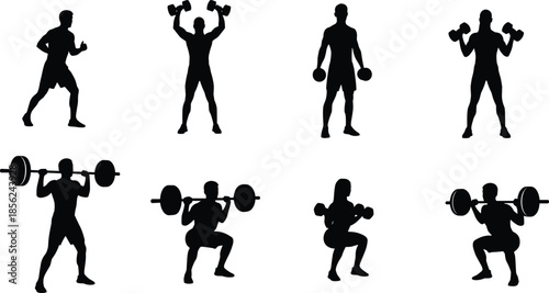Silhouette of people weightlifting set, athletes training with dumbbells and barbells, gym workout exercises, fitness bodybuilding poses for sports health and wellness design.