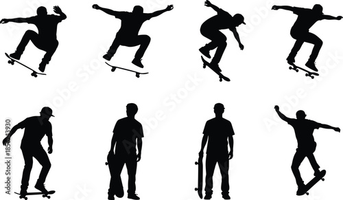 Skateboarder silhouettes set, teenagers performing tricks, jumping, and riding skateboards, urban street culture athletes, active youth figures for extreme sports graphic design.